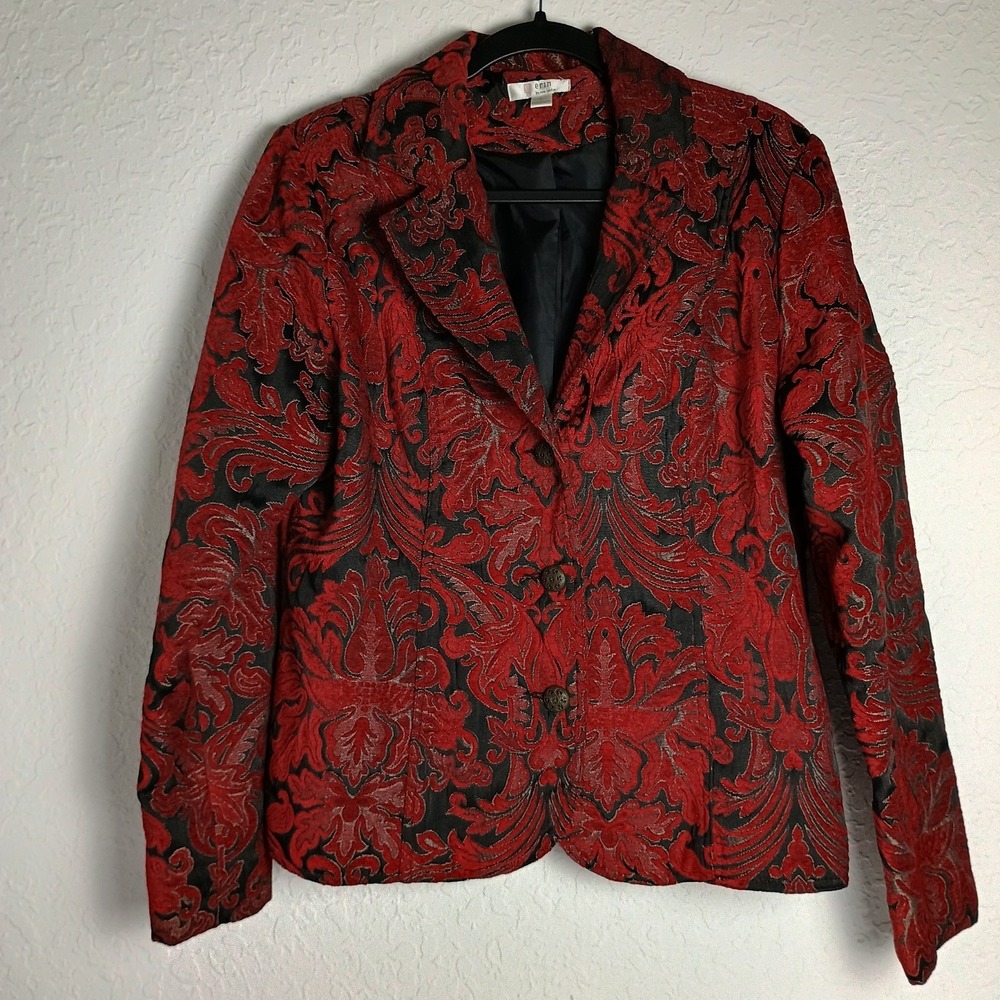 Erin London Tapestry Blazer Jacket Large Red Black Damask Brocade Floral Vintage